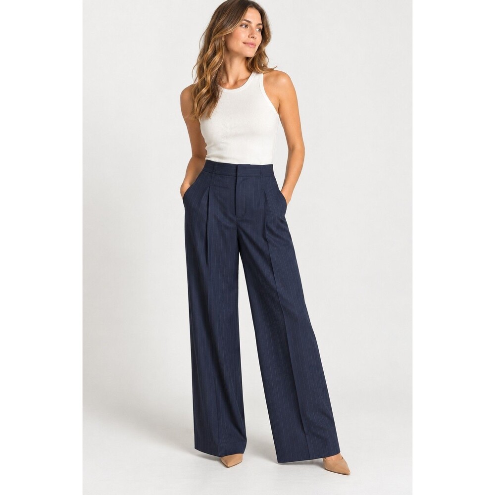 Maeve Pants Womens 4P Navy Pinstripe Wide Leg Pleated High Rise Trousers Petite